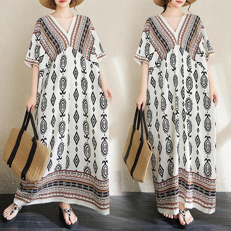 DIMANAF Summer Women New 2025 Basic Plus Size V-Neck Dress Casual Linen Printing Short Sleeve Dress Loose Dress