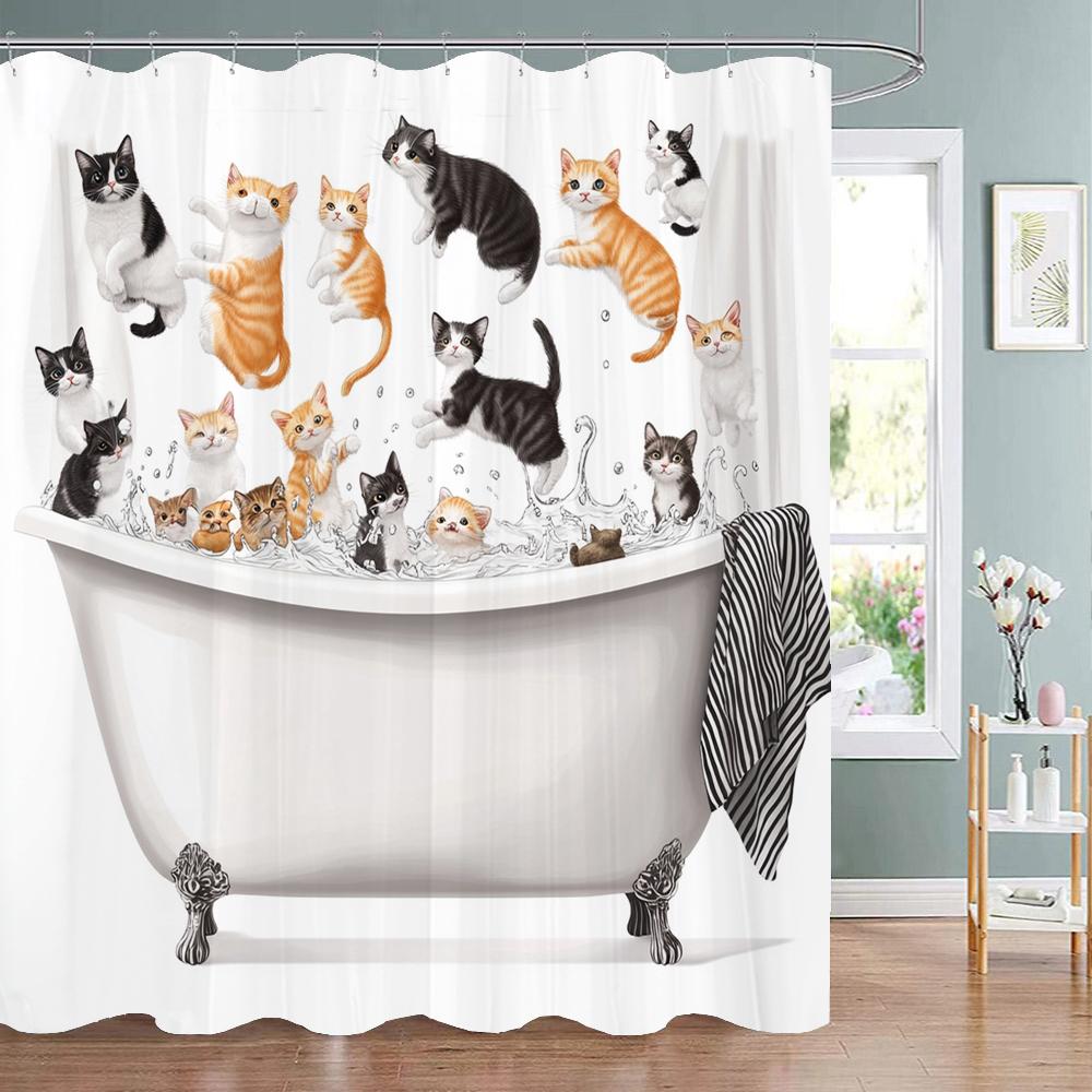Cartoon Cute Cat Bath in Bathtub Print Shower Curtain for Modern Bathroom Decor, Fabric Washable Home Bath Curtain With Hooks