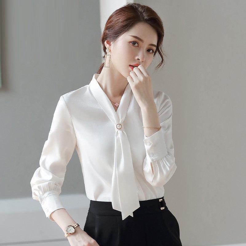 Bow Beading Elegant Chiffon Shirt Office Lady Fashion Casual All-match Blouse Commuter Basic Solid V-Neck Chic Women's Blouses