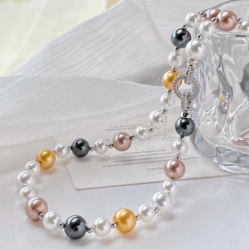 Vintage High Quality Maillard Mixed Color Shijia Pearl Sweater Chain Necklace Collarbone Chain