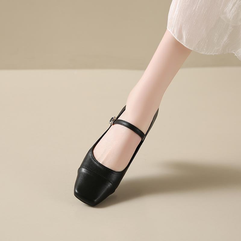 2025 Women's Office Ladies New Silver Black Square Toe One Strap Block Mid Heel Pumps Elegant Street Style High Heels Shoes