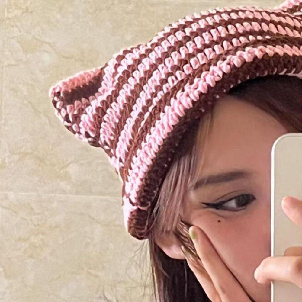 Pullover Women's Hats Autumn Winter Knitted Wool Cap Striped Japanese Beanie Hat Ins Little Devil