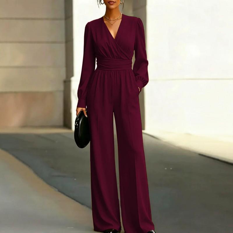 Damen V-Ausschnitt Einfarbig Langarm Gerades Bein Jumpsuit Schmale Passform Lässig Arbeitskleidung 2026 Herbst Winter