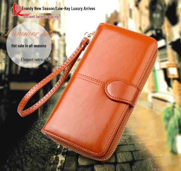 Women's Trifold Leather Wallet - Coin Purse, Card Holder & Phone Bag (Oily Leather, H006)