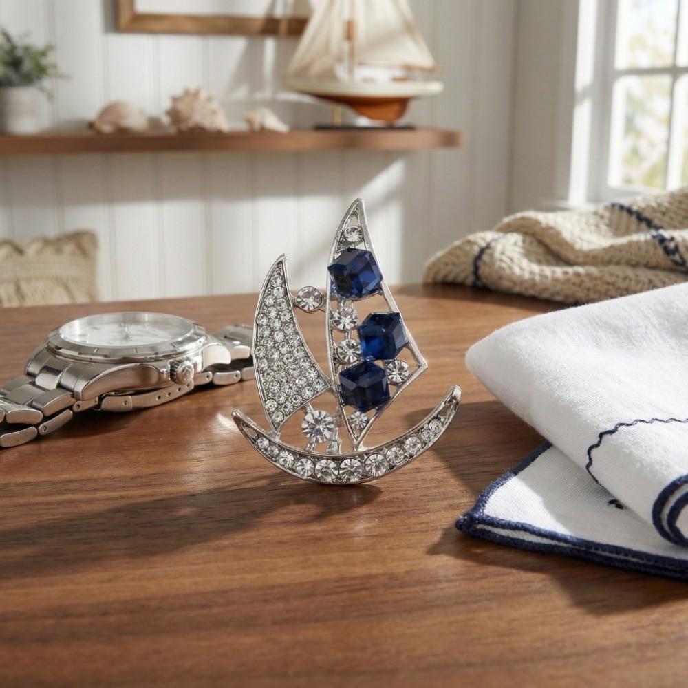 Zinc Zinc Alloy Rhinestone Sailboat Brooch Crystal Suit Lapel Pin Delicate Men Brooch Ceremony Banquet