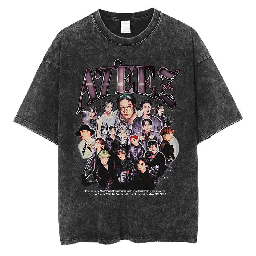 Vintage Washed Ateez Yunho Kpop Band Album 2026 TShirt Mens Women Hip Hop Loose Korean Fashion Short Sleeve T Shirt Streetwear