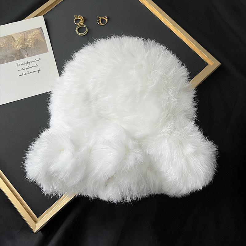 Real rabbit fur white plush hat female autumn and winter warm face small ear protection wool hat fur knitted bucket hat
