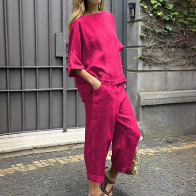 Chemises et pantalons à col rond à manches 1/2 pour femmes, décontractés, couleur unie, imprimés, taille haute, été, printemps