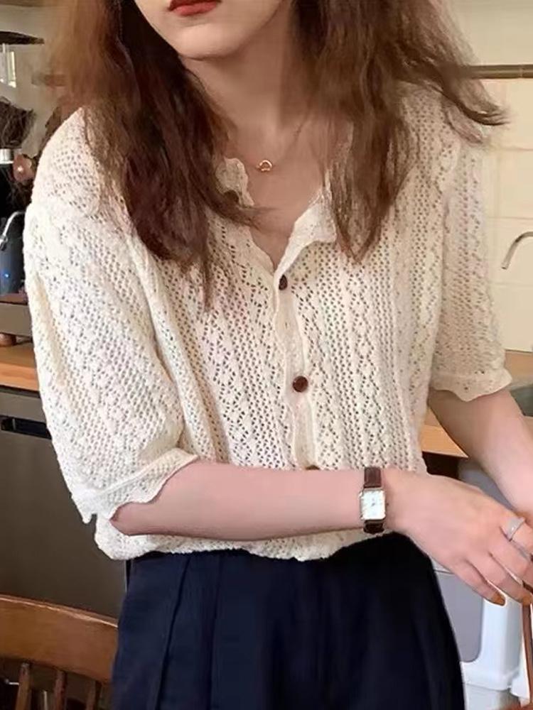 

Fashion Knitted Short Sleeve Women Shirts Summer Casual Loose Buttons Hollow Out Women s Blouse Office Lady Summer Tops One Size