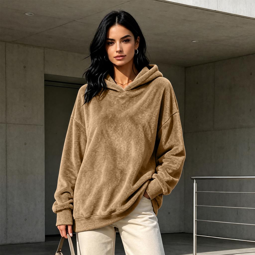 Women's Long Sleeve Flannel Hooded Pullover Color Casual Top