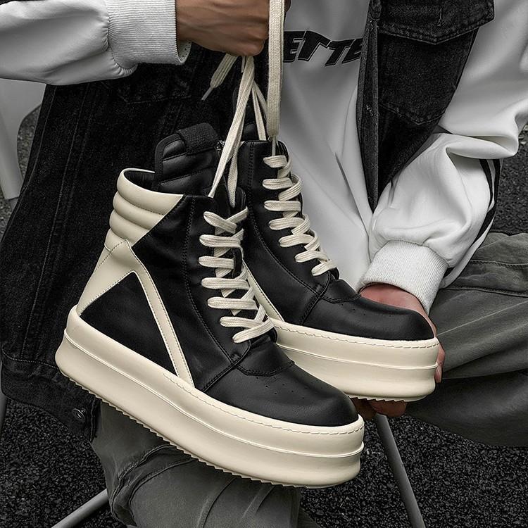 Inverted Triangle Platform High-top Board Shoes Women's Leather Couple Dark Black Heightening Locomotive Martin Boots Women