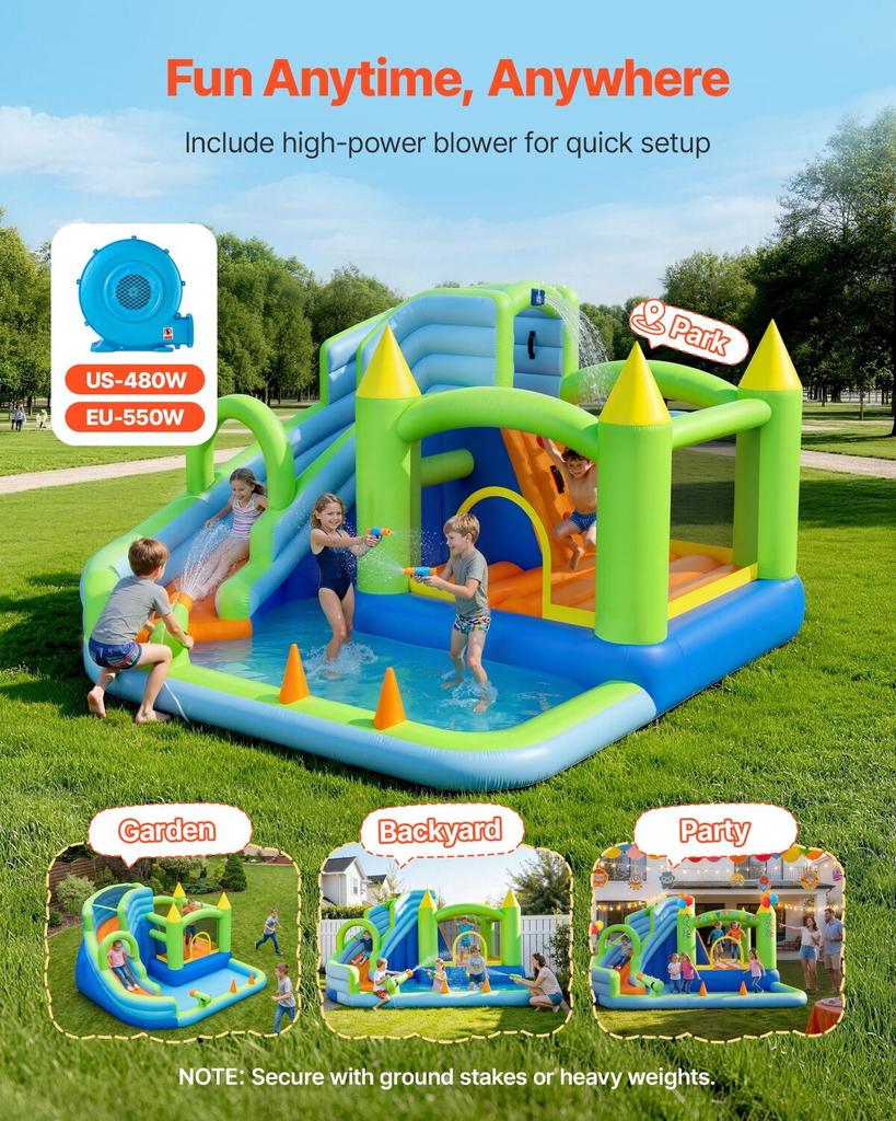 Inflatable Bounce House, 11.3 x 12.3 x 7.0 ft Inflatable Bounce House Water Slide, Bouncer Castle with Castle Bounces, Basketball Hoop, Splash Pool &