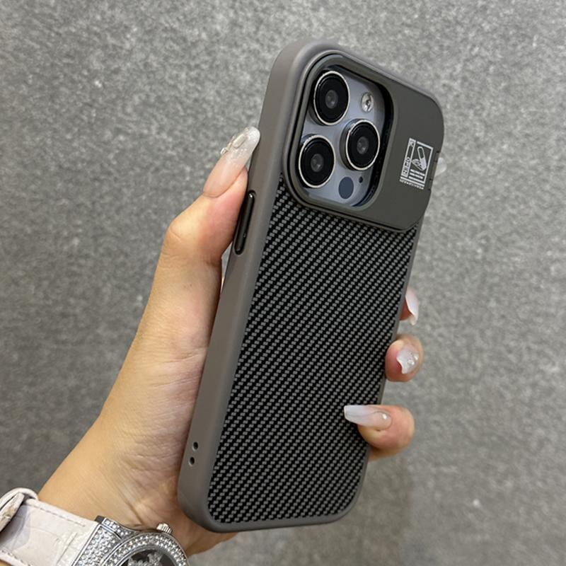 Titanium Gray Metal Lens Holder Carbon Fiber Phone Case for iPhone 15 14 13 Pro Max Full Shockproof Metal Button Hard Back Cover