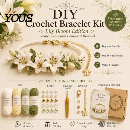 Handmade Accessory DIY Kit Crochet Bracelet Kit, Flower Craft Set with Beads, Yarn And Beads Floral Making for Beginners, Gift Beginners