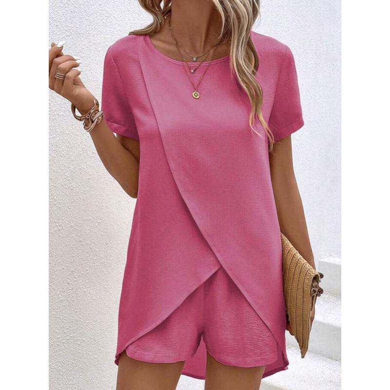 Летний женский костюм-двойка 2025: Асимметричный топ и шорты Повседневная одежда 5XL