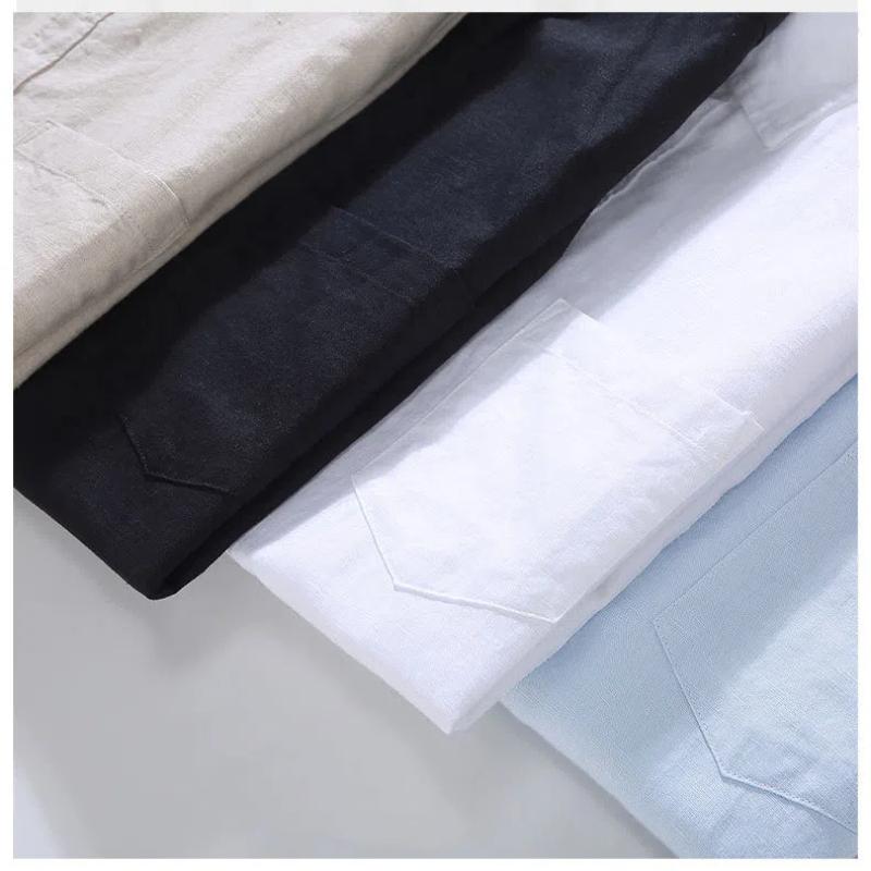 Cotton Linen Summer Shirt Japanese Style Men's Short Sleeve Shirt Beach Men Tops Square Pocket Blue Button Shirt Daily Causal Shirt