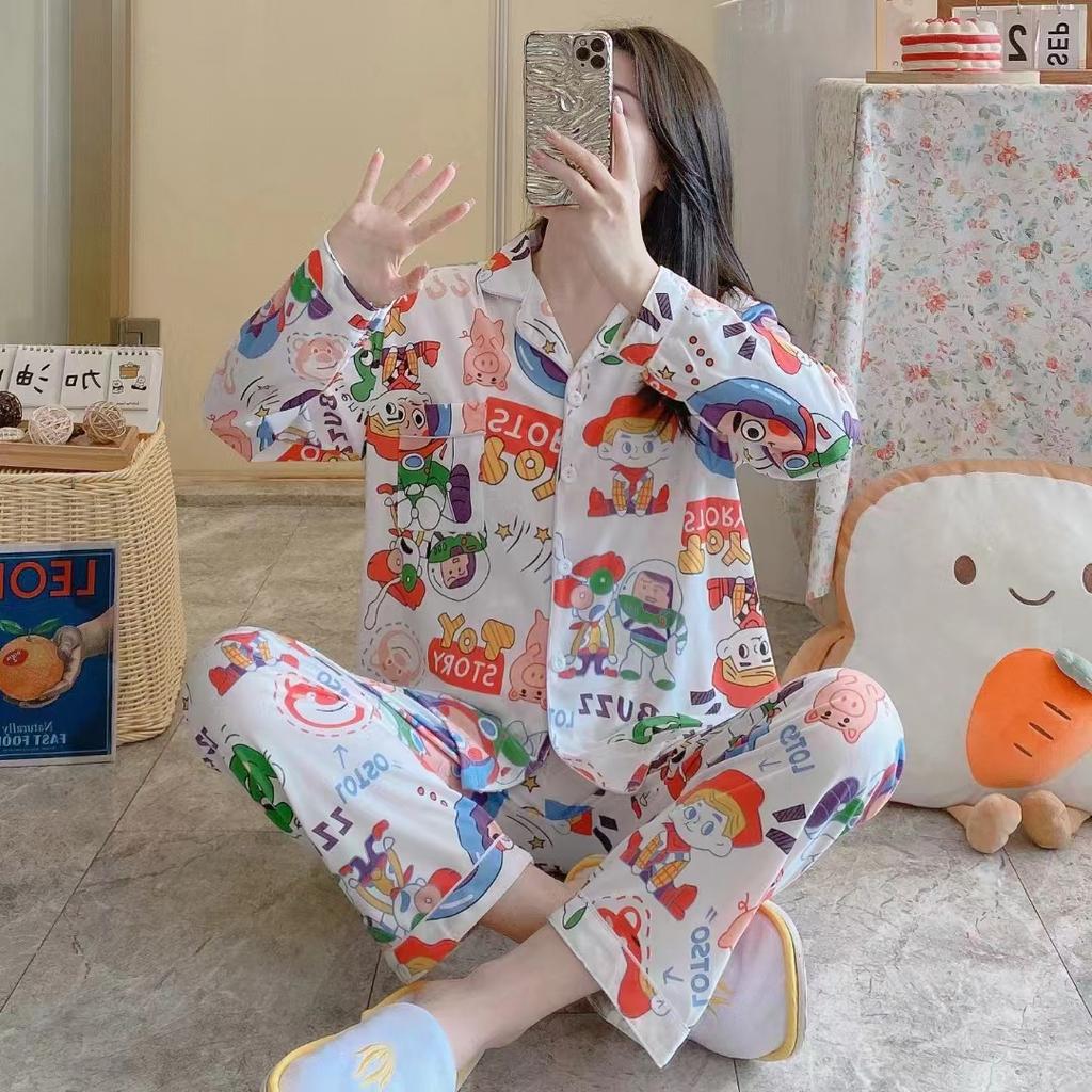 2pcs Spring And Autumn Ladies Pajamas Girls Homewear  Of Autumn And Winter Cartoon Cute Homewear Long-Sleeved Trousers Set