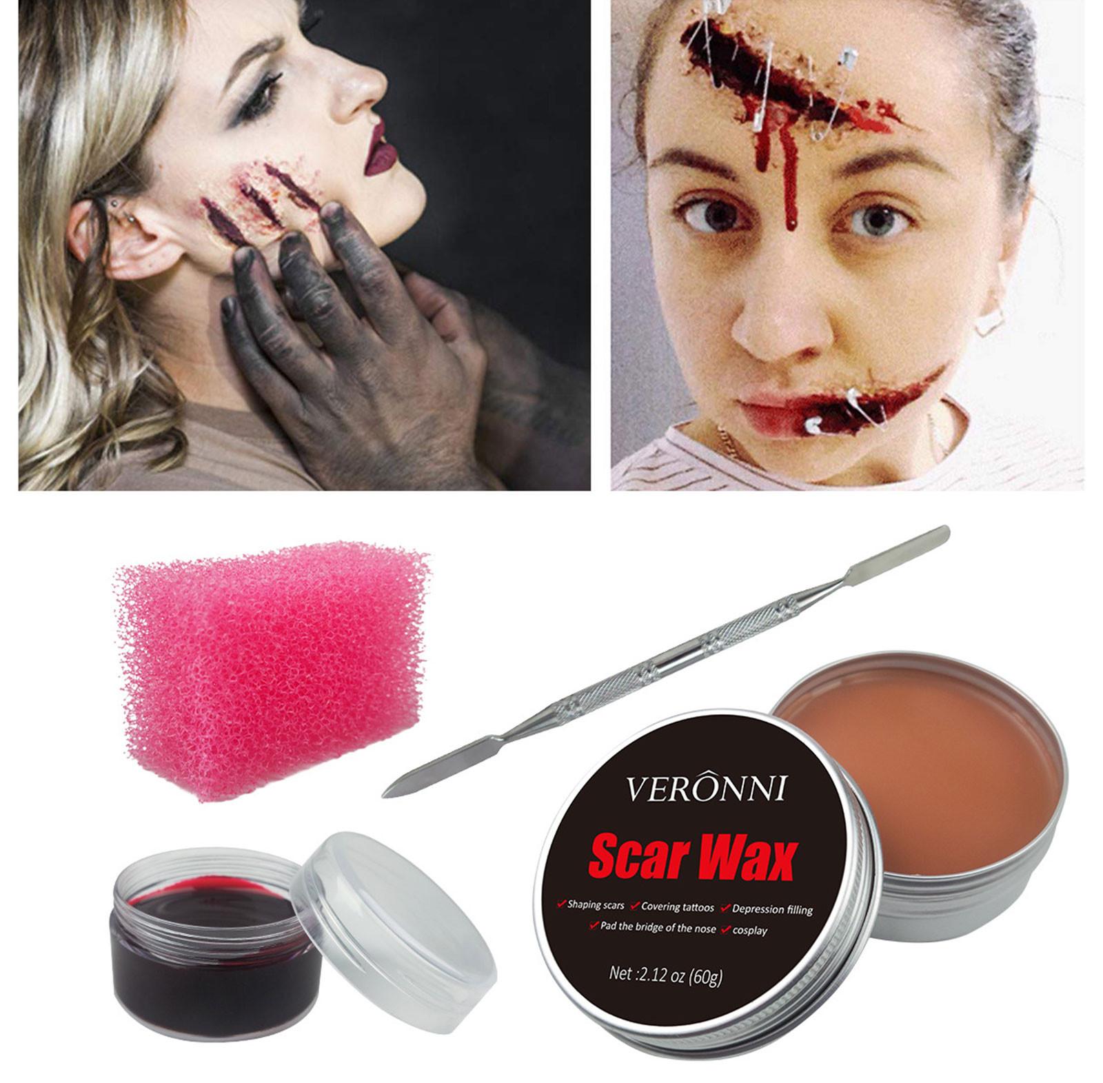 

Набір для макіяжу зі спецефектами на Хеллоуїн, 4 предмети, моделюючий віск для шрамів, згорнута кров, шпатель і губка з крапками 20 мл One Size