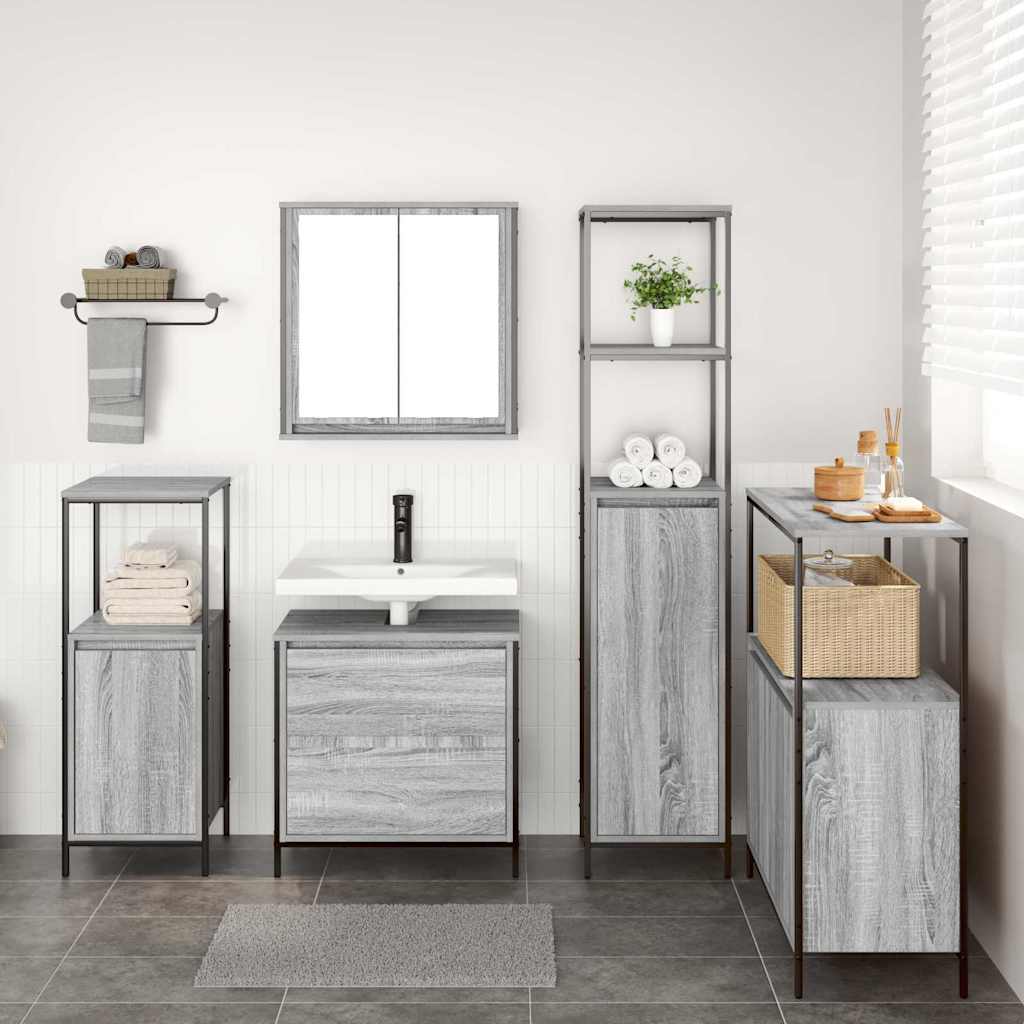 Bathroom Furniture Set with Shelf and Door 5 pcs Grey Wood Based Material