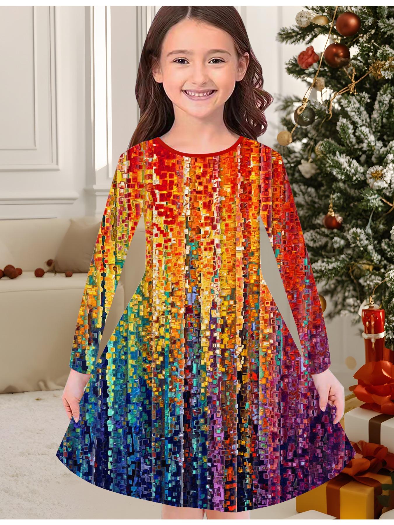 

Girls Autumn and Winter Fashion Dress, 3D Print Round Neck Long Children s T-shirt Dress, Casual Versatile, Christmas Clothing 100
