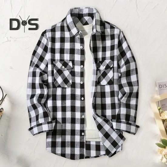 Fall Winter Men Shirt Coat Plaid Print Long Sleeves Chest Pocket Turn-down Collar Single-breasted Loose Contrast Color Jacket