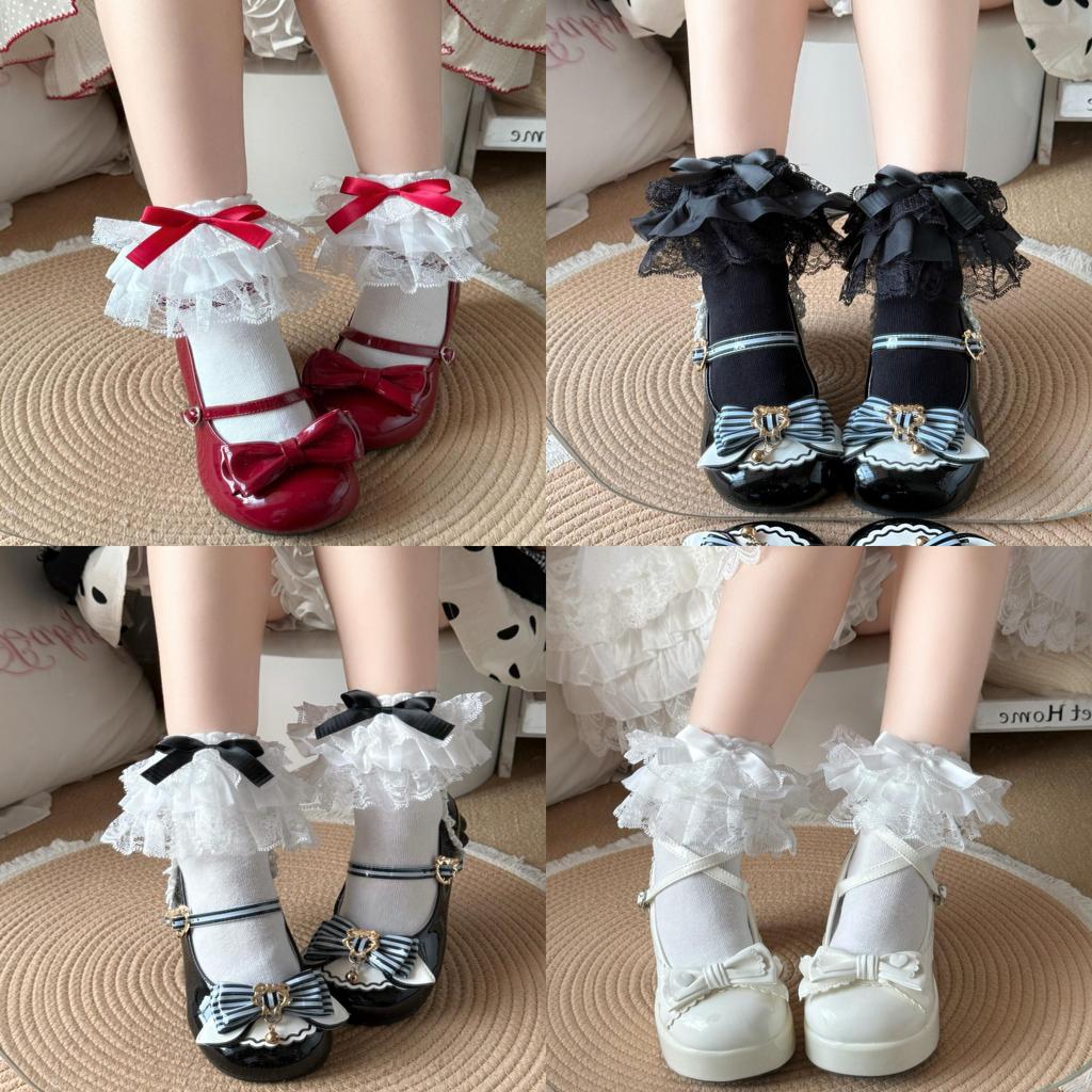 Cute Lolita Short Cotton Socks With Bow Embellishments For Teens