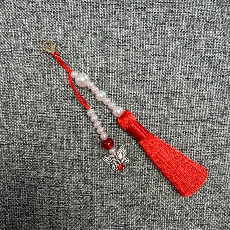 Faux Pearl Tassel Bag Charm With Retro Silver Butterfly Pendant Suitable For Handbags Backpacks Keys Hanfu Decoration