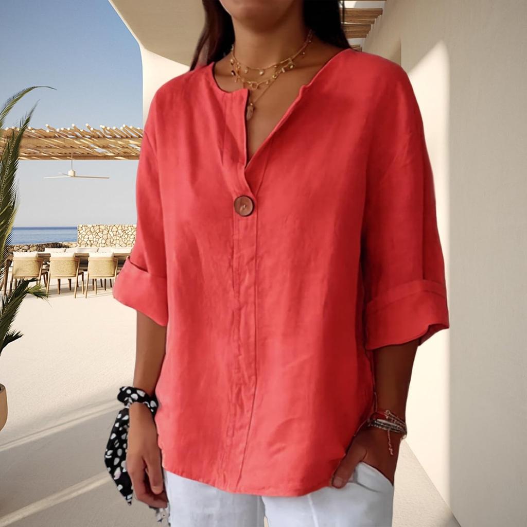 Women's Fashion Casual V-Neck Buttoned 3/4 Sleeve Cotton Linen Top