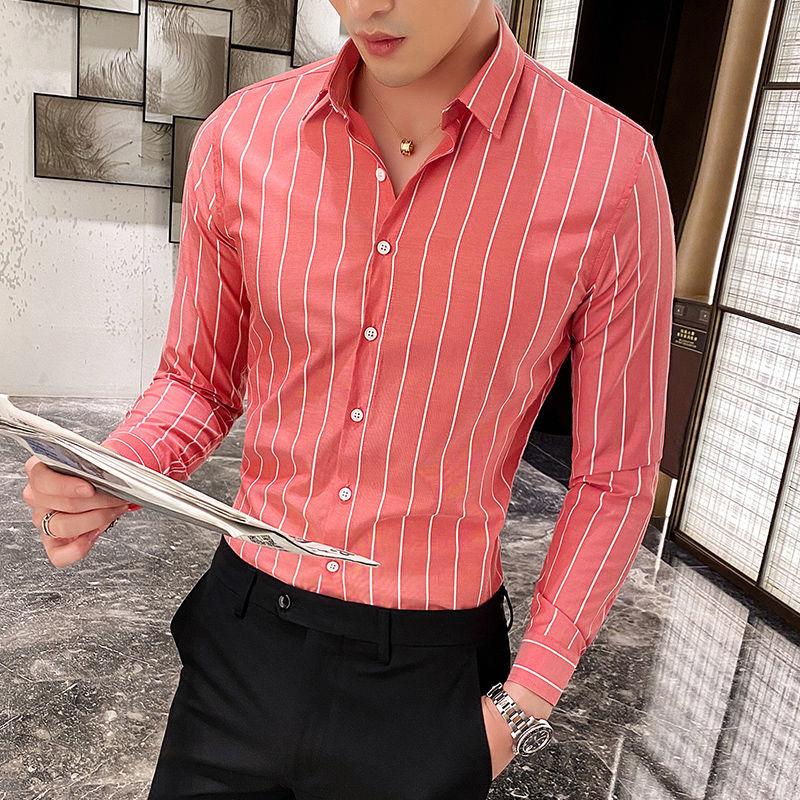 Fashion Formal Handsome Button Striped Shirts Temperament Sven Turn-down Collar Skinny Spring Summer Autumn Thin Men's Clothing