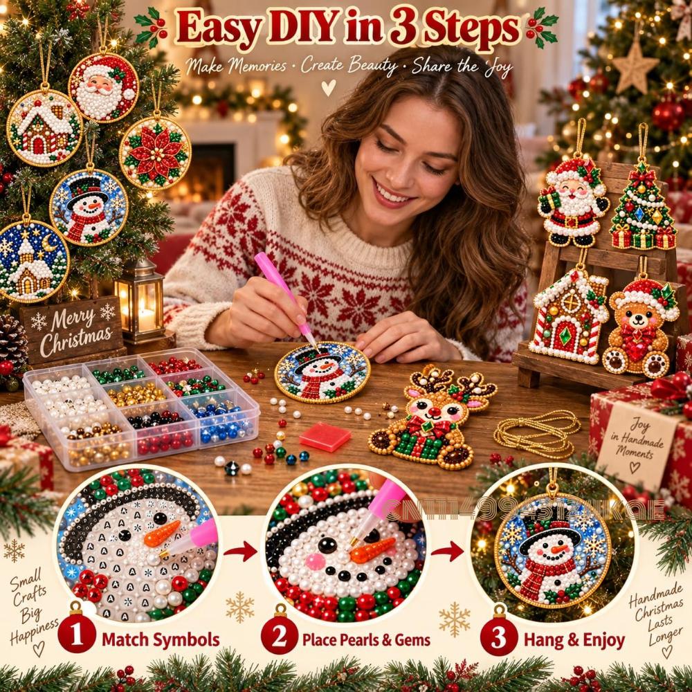 Ornamenti di Natale in Legno, Kit per Pittura con Perle Fai da Te per Adulti, Kit per Diamond Painting di Natale per Adulti, 10 Disegni in Legno con Corda di Canapa