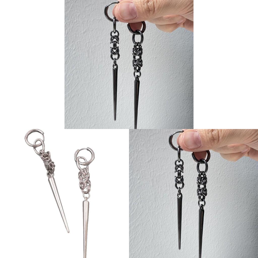 Gothic Metal Spiked Earrings With Chain Pendant For Men Women Punk Jewelry