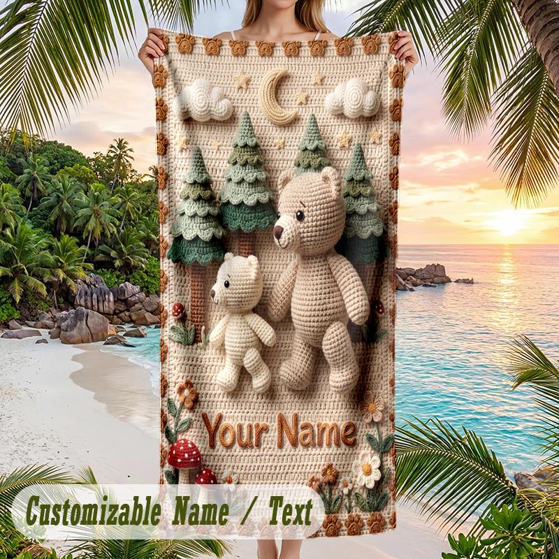 Teddy Bear Theme Beach Towel Personalized Custom Name & Text Soft Quick Dry Beach Towel for Swimming Travel