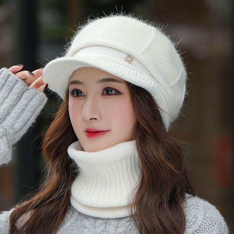 

Вязаная шапка женская универсальная шапка шарф комплект из двух предметов зимняя подходит для большого лица теплая и бархатистая материнская шапка one size elastic (hat + scarf)