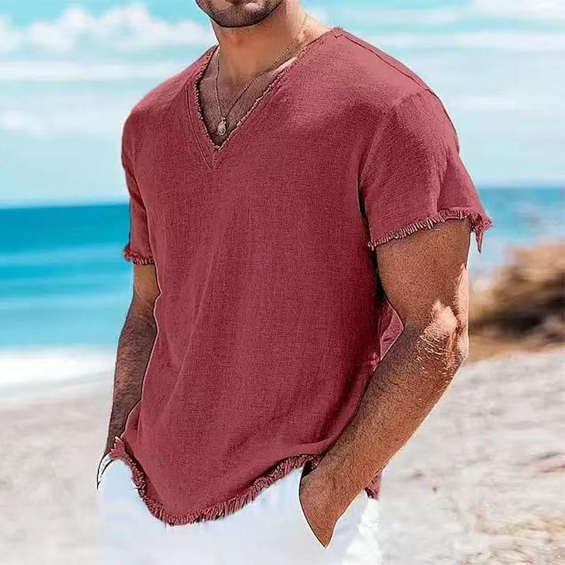 DOKI Strand Casual Heren Linnen T-shirts Zomer Effen Kleur Ademend T-shirt Heren Buiten Vintage V-hals Gescheurde Tops L rood