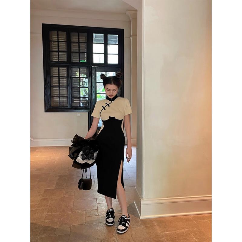 

JK&JS Elegant Slim Fit Color Block Cheongsam Dress L