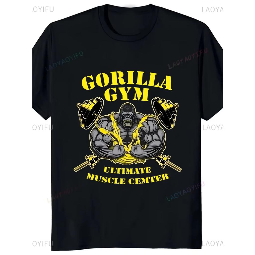 Gorilla Cotton TShirt Fitness Streetwear Athletic Black Tee Men Muscle Gym Workout Performance