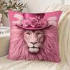 2D Flat- Pink Luxury Lion Throw Pillow Cover With Floral Top Hat Decor For Bedroom Living Room
