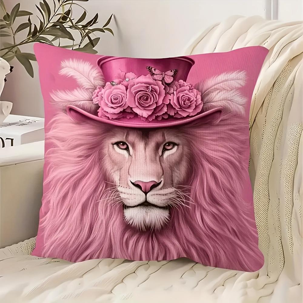

2D flat- Pink Luxury Lion Throw Pillow Cover with Floral Top Hat Decor for Bedroom Living Room 45x45cm-1pcs