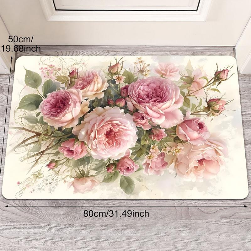 VIKAMA  Hallway Area Rug Luxury Pink Floral Print Entrance Mat Laundry Room And Bathroom Rug Home Decor