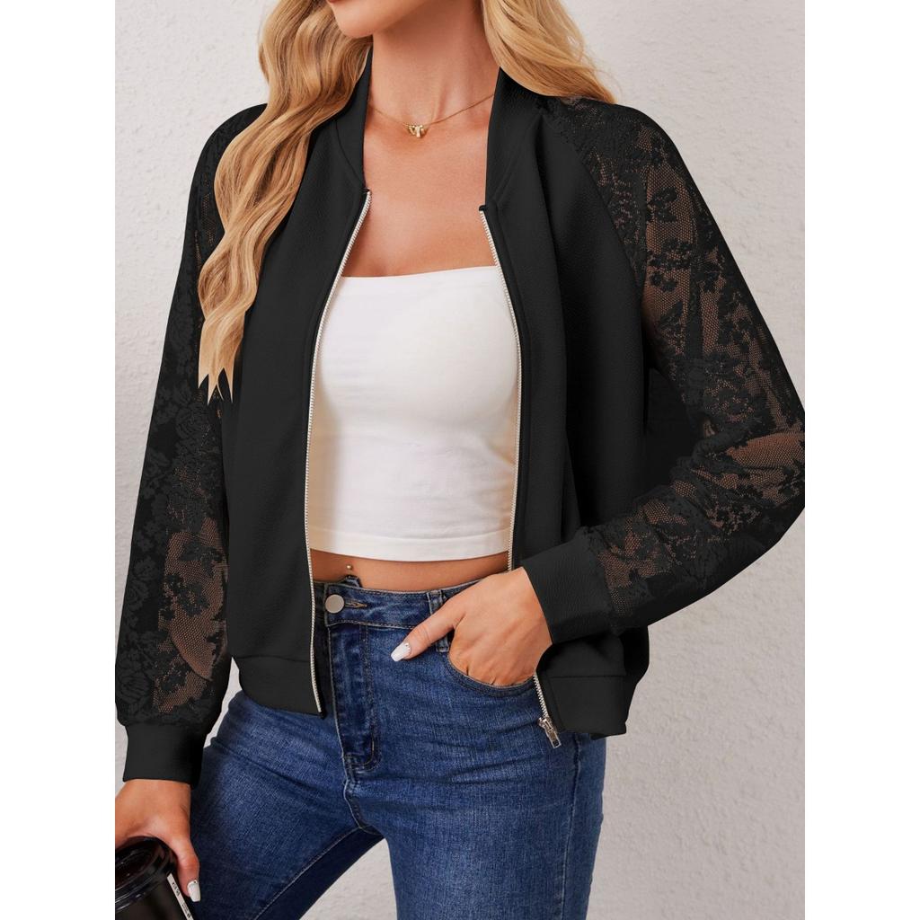 Høst og Vinter Ny Elegant Dame Blonder Spleiset Langermet Baseballkrage Jakke Toppkåpe