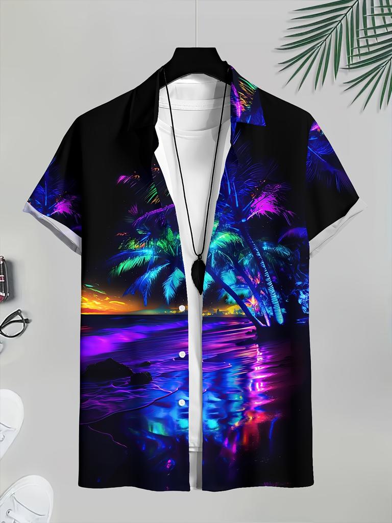 [Printed Design - Not Texture] Men'S Casual Shirt Vibrant Tropical Sunset Button- Hawaiian Shirt - Vintage Style, Polyester, Summer Beachwear