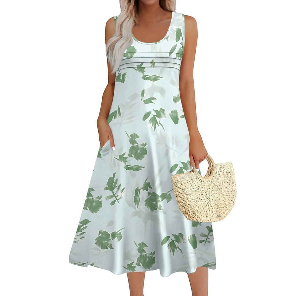 Women's Fashion Round Neck Sleeveless Pleated Beach Dress With Pockets Long Floral Dresses