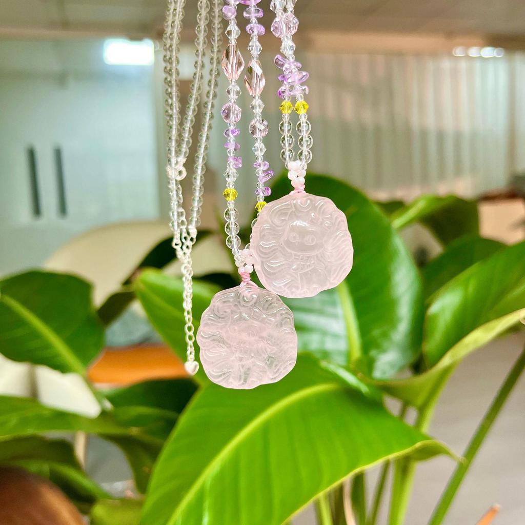 Rose Quartz Nine-Tailed Fox Crystal Pendant Necklace