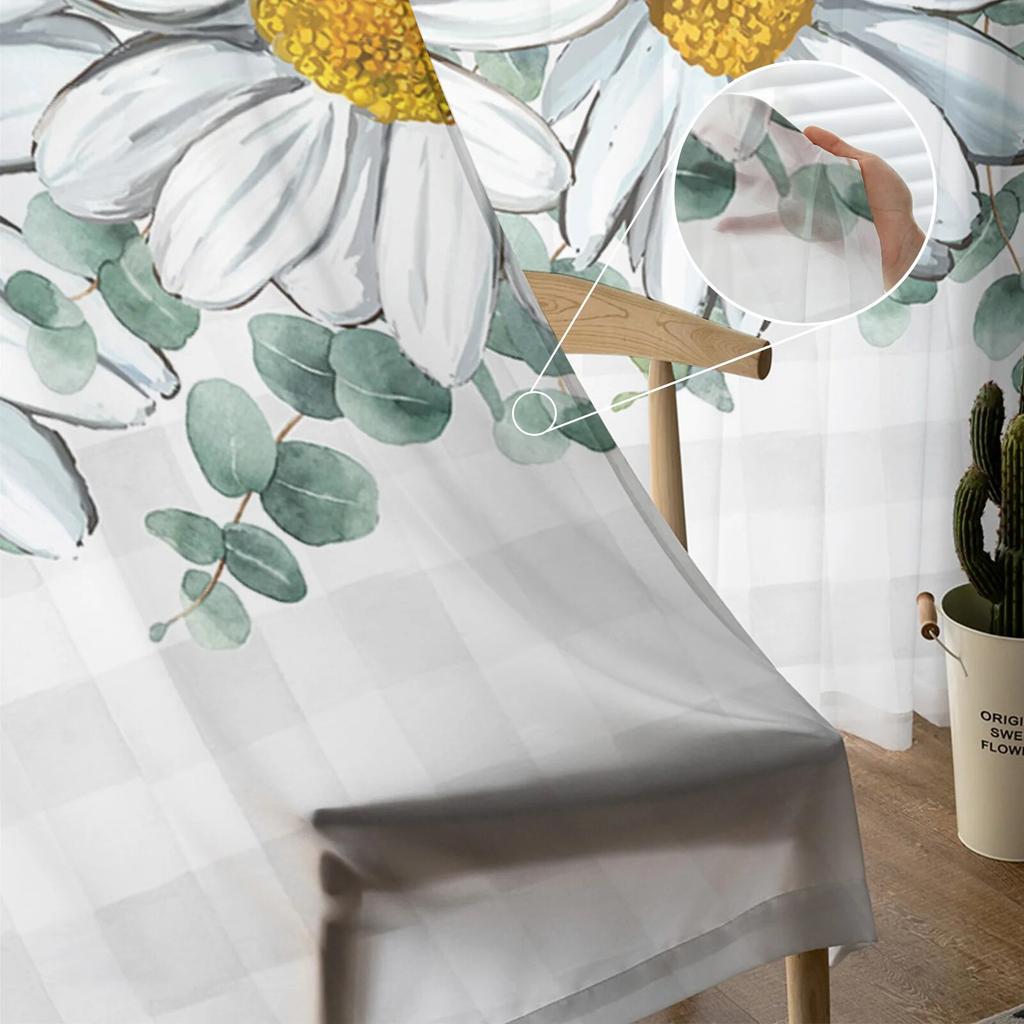 Summer White Daisy Watercolor Grid Sheer Curtains for Living Room Bedroom Kids Room Tulle Window Treatment Drapes