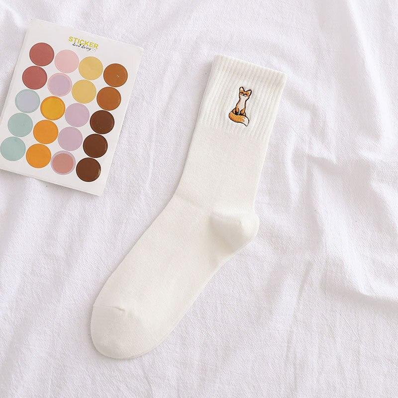 

Осенне-зимние женские носки, милые женские носки с вышивкой лисы и рисунком животных, однотонные хлопковые уличные рождественские носки в стиле Харадзюку