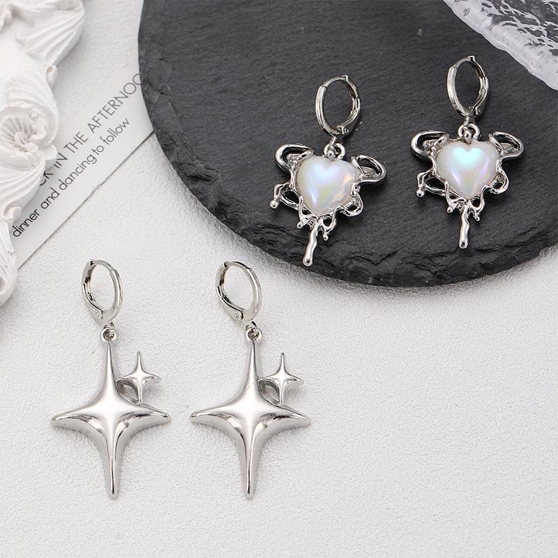 

2 Pairs Women Opal Stone Heart Hoop Earrings Punk Y2K Cute Daily Wear Jewelry Party Gifts Simple Silver Color Star Earrings