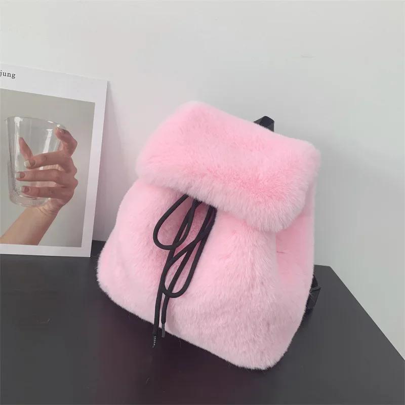 Solid Color Fake Fur Women's Backpack Fashi Large Capacity Plush Female Double Shoulder Bag Winter Girls Furry Tote Schoolbags