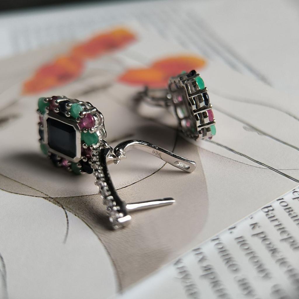 Silver Earrings with Natural Sapphire 4.05ct, Emerald, Ruby (2182399)