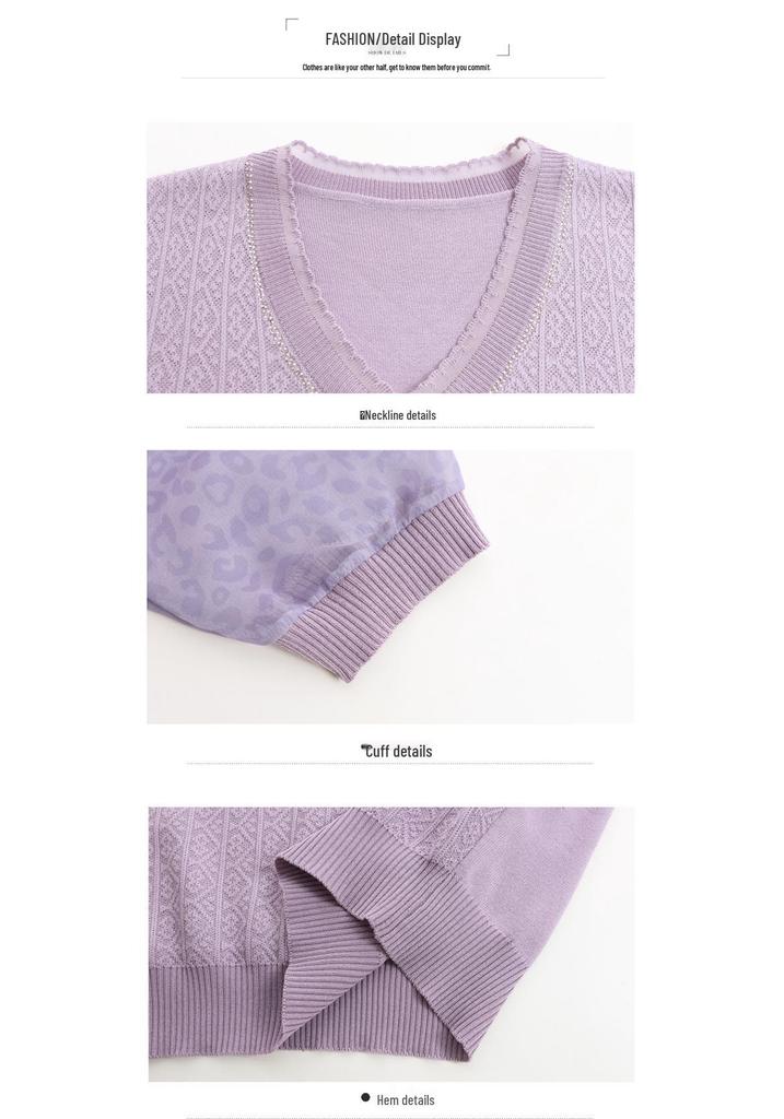 V-Neck Solid Color Knit Sweater T-Shirt for Women - Stylish Spring/Summer Sheer Sleeve Top for Middle-Aged and Elderly