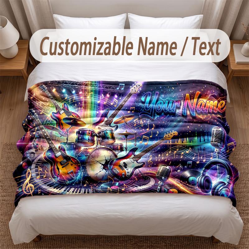 Music General Theme Soft Blanket Personalized Custom Name Text Print Warm Blanket Home Sofa Bedroom Decor
